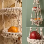 Close-up details of the intricate knotwork, wooden ring, and fringe tassels on a 3-tier macrame hanging organizer