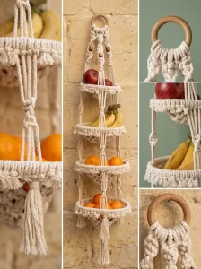 Close-up details of the intricate knotwork, wooden ring, and fringe tassels on a 3-tier macrame hanging organizer