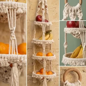 Close-up details of the intricate knotwork, wooden ring, and fringe tassels on a 3-tier macrame hanging organizer