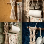 Handmade macrame kitchen organizer and coffee corner wall hanging holding porcelain cups, a paper towel roll, and a hand towel by Kemet Vibes.