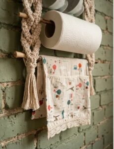 Handmade macrame kitchen organizer and coffee corner wall hanging holding porcelain cups, a paper towel roll, and a hand towel by Kemet Vibes.