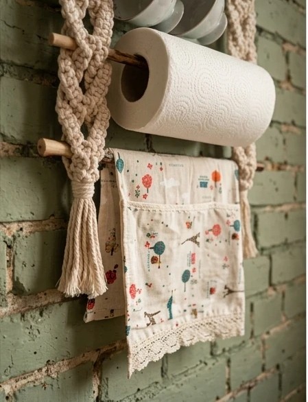 Handmade macrame kitchen organizer and coffee corner wall hanging holding porcelain cups, a paper towel roll, and a hand towel by Kemet Vibes.